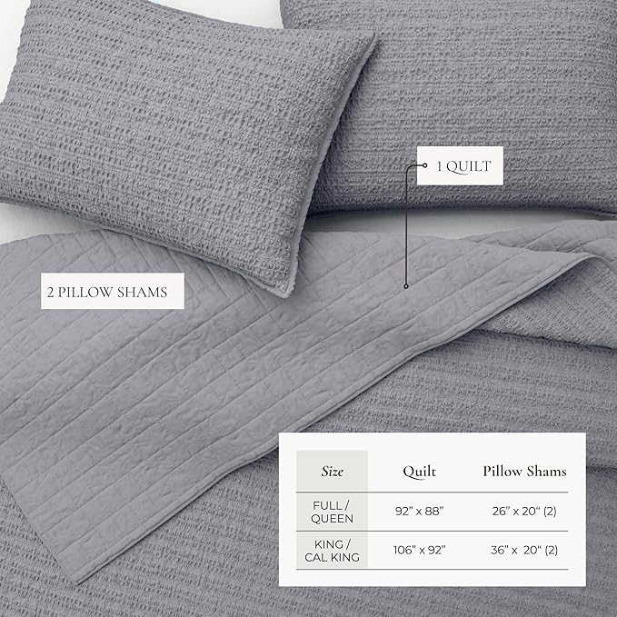 Great Bay Home King Size Blue 100% Cotton Honeycomb Waffle Quilt and Sham Set - Garment Washed, Waffle Weave Like Texture, Lightweight 3-Piece Bedding Set (Denim Blue)