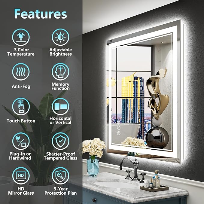 28x36 LED Bathroom Mirror with Lights, Backlit and Front Lit, Anti-Fog Lighted Vanity Mirrors for Bathroom Wall, Dimmable, 3-Color Light, Memory, Shatter-Proof, HD Tempered Glass, CRI＞90