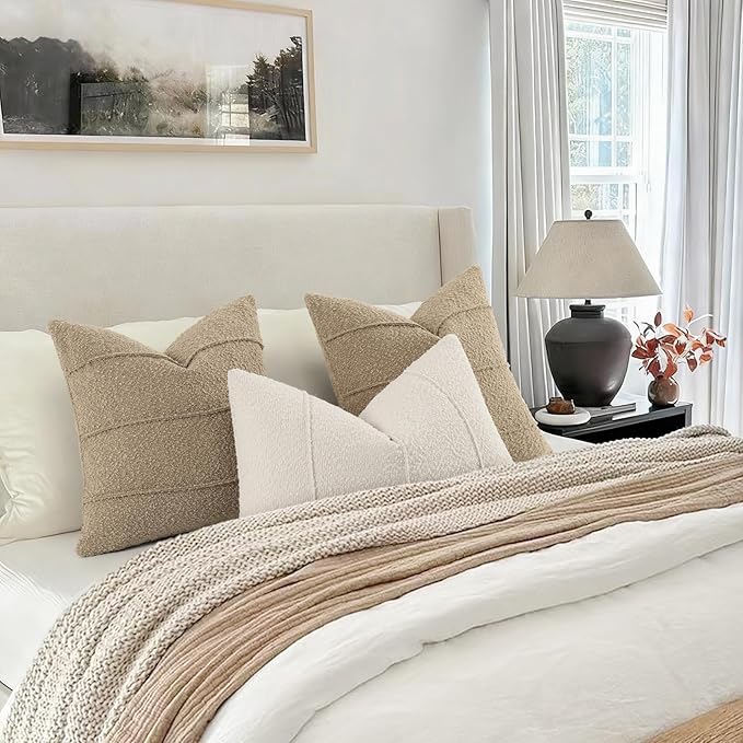 YCOLL Textured Boucle Throw Pillow Covers 18x18 Pack of 2 - Soft Neutral Striped Cushion Covers, Cozy Accent Decorative Pillow Covers for Couch, Sofa, Bed, Living Room (Taupe)