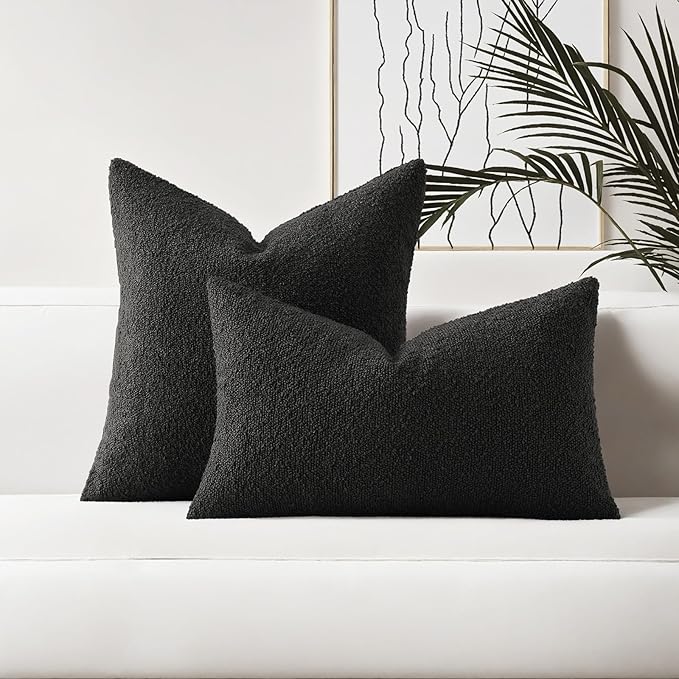 HAUSSY Set of 2 16x16 Decorative Throw Pillow Covers, Soft Cozy Textured Boucle Couch Cases, Home Decor for Couch Bed Living Room, Black