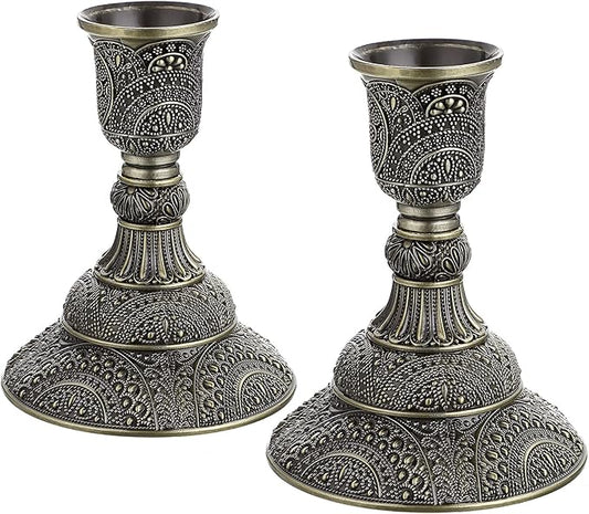 OwnMy Set of 2 Taper Candle Holders Vintage Metal Pillar Candlestick Holders 4”H, Elegant Brass Candle Stick Holders Decorative Candelabra Set for Dining Table Centerpieces Wedding, Antique Bronze