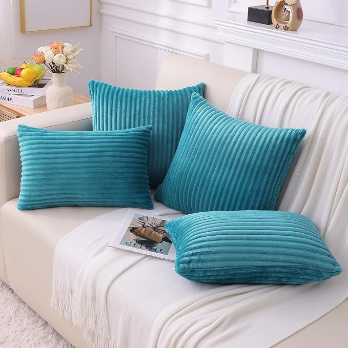 Simmore Decorative Spring Throw Pillow Covers 18x18 Set of 2, Soft Natural Plush Flannel Double-Sided Fluffy Couch Pillow Covers for Sofa Living Room, Teal