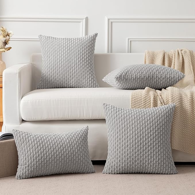 Kevin Textile Set of 2 Decorative Pillows Covers for Couch Striped Boho Velvet Sofa Pillow Covers 40x40cm 16 x 16 Inch Light Grey