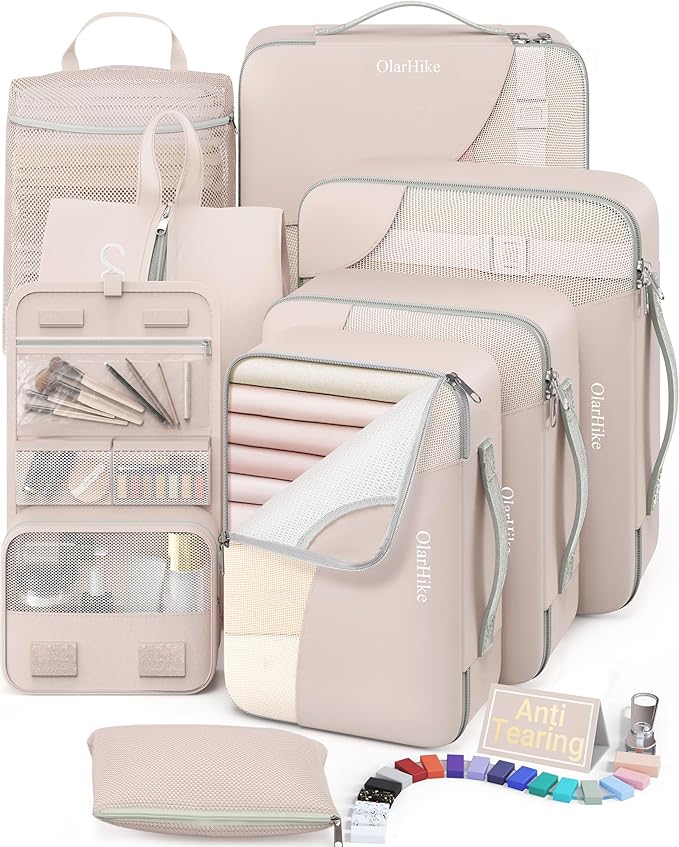 10 Set/8 Set Packing Cubes for Travel, Gifts for Women Mom,Anti-Tearing Suitcase Organizer for Luggage with Shoe & Hanging Toiletry Bag,OlarHike Vacation Essentials & Accessories for Cruise Ship,Cream