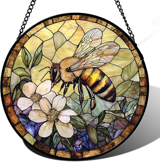 Stained Glass Window Hanging, Vintage Bee Yellow Flower Sun Catcher for Window Door Home Decor Suncatcher Christmas Mother's Day Birthday Gifts for Women Men Mom and Nana 6.3 in