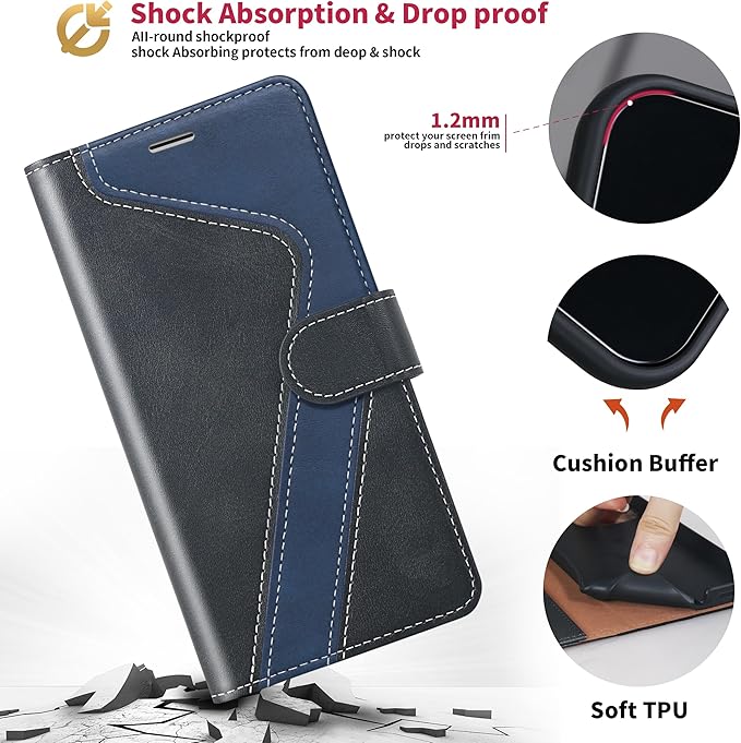 CIVICASE for iPhone 15 Plus Wallet Case,Leather Flip Case RFID Blocking Credit Card Holder Folio Magnetic Stand TPU Shockproof Cover Compatible with iPhone 15 Plus Black Blue
