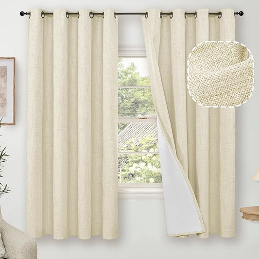 Lajode Cream 100% Blackout Curtains for Bedroom 63 Inch Length 2 Panels, Thermal Insulated Complete Light Blocking Noise Reducing Linen Window Curtains for Nursery, Bronze Grommet, Each 52" Wide