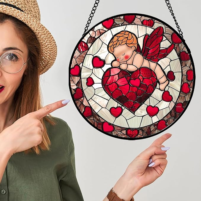 Stained Glass Window Hanging - Red Love Angel Sun Catcher for Door Garden Home Decor Cute Suncatcher Christmas Mother's Day Birthday for Women Men Mom Nana 9.8 in