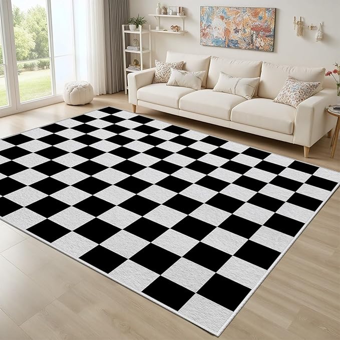Black and White Checkered Rug for Living Room, 4x5 Area Rugs, Checkered Area Rug, Geometric Plaid Large Rugs, Washable Non Slip Retro Carpet Home Floor Decor