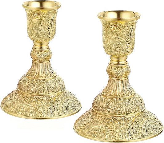 OwnMy 2PCS Brass Taper Candle Holders Candle Stick Holders Set Vintage Metal Pillar Candlestick Holders, 4”H Elegant Candle Stand Candelabra for Dining Table Centerpieces Wedding Home Decoration, Gold
