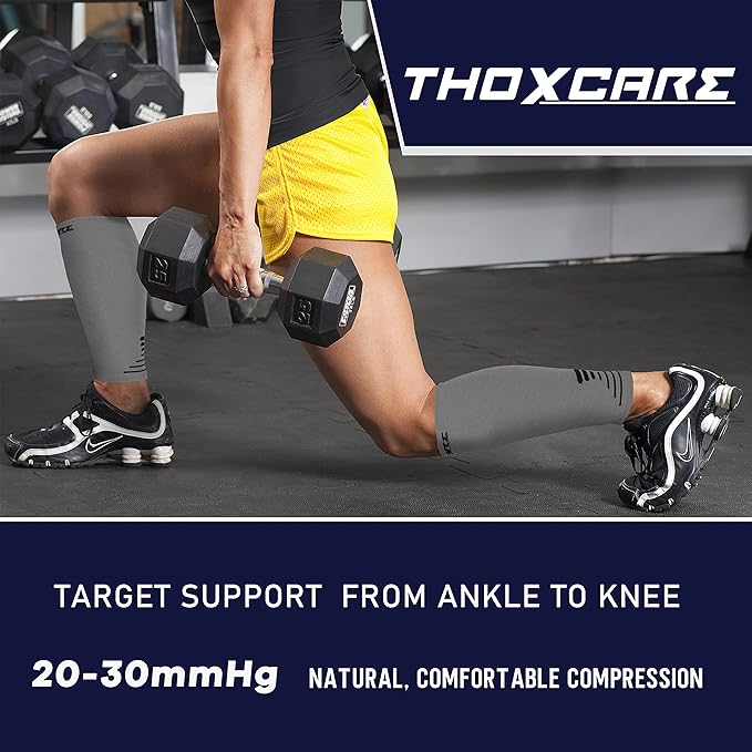 Thoxcare Calf Compression Sleeve for Men Women (1 Pair), Leg Support Footless Compression Socks for Running - Shin Splint Varicose Veins Swelling & Pain Relief, Gray/Black, Large