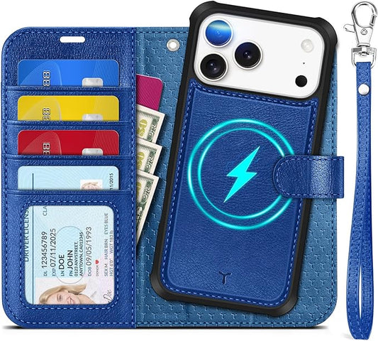TUCCH 2-in-1 Detachable Wallet Case for iPhone 17 Pro Max 6.9" 2025, RFID Blocking 4 Card Slot | Wireless Charging | Wrist Strap | Kickstand | Magnetic | PU Leather | Protective Cover | Klein Blue
