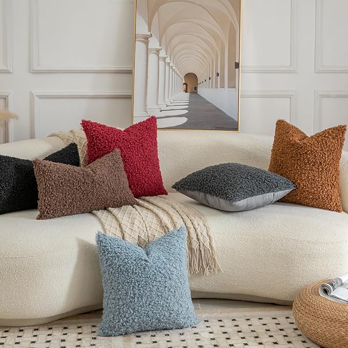 Yaertun Pack of 2 Faux Fur Throw Pillow Covers Decorative Sherpa Boucle Pillow Covers Fuzzy Soft Pillowcases Sheepskin Fleece Cushion Case for Couch Sofa Bed Living Room 20x20 Inch Light Blue