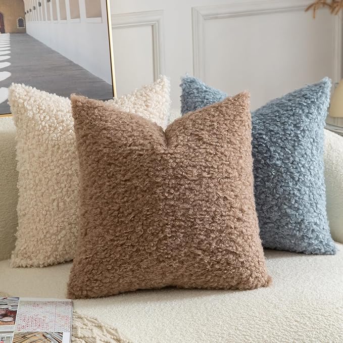 Yaertun Pack of 2 Faux Fur Throw Pillow Covers Decorative Sherpa Boucle Pillow Covers Fuzzy Soft Pillowcases Sheepskin Fleece Cushion Case for Couch Sofa Bed Living Room 22x22 Inch Khaki