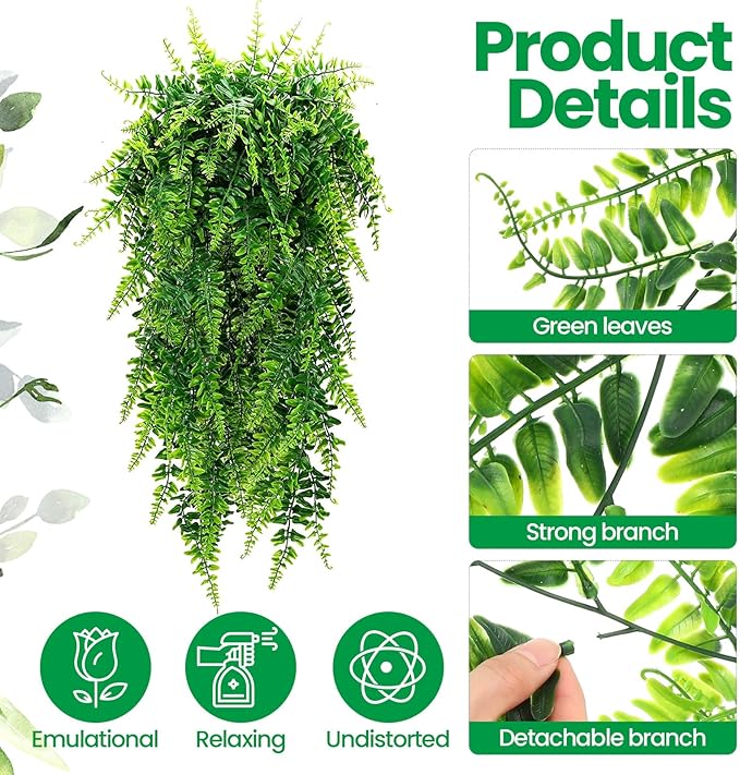 Geosar 36 Pcs Artificial Hanging Plants 32 Inch Hanging Boston Ferns Plastic Fake Plants for Wall Room Garden Wedding Garland Indoor Outdoor Decoration, No Basket