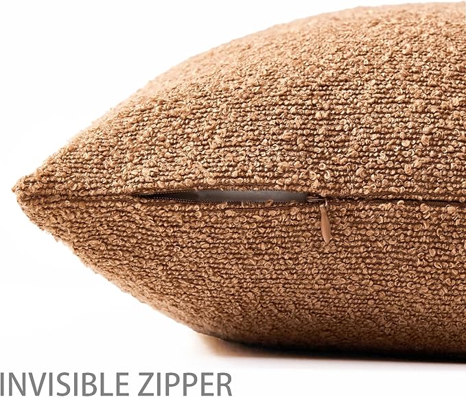 Boucle Decorative Throw Pillow Covers for Couch Set of 2, 22x22 inches, Tobacco