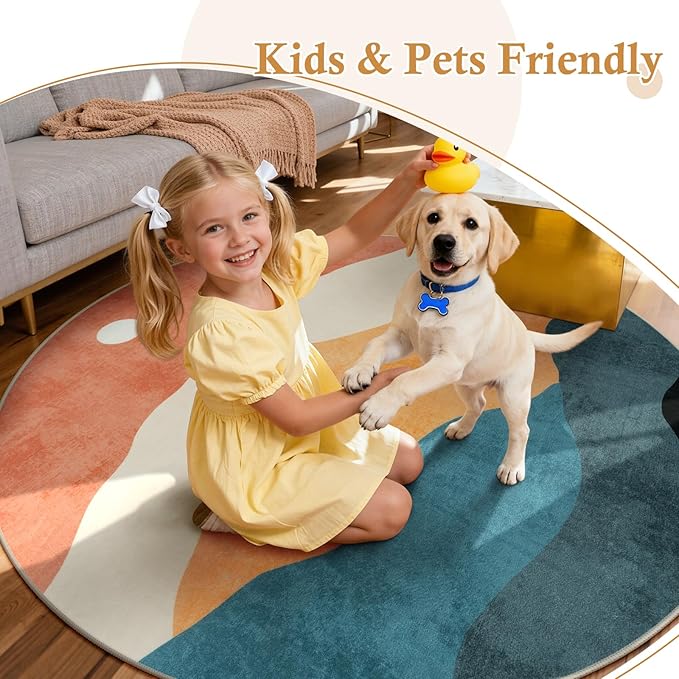 Mountain Round Rugs 8ft, Abstract Circle Rug for Living Room Non Slip Washable Bedroom Area Rug, Soft Extra Large Round Carpet for Nursery Dinng Room Playroom(Multi)