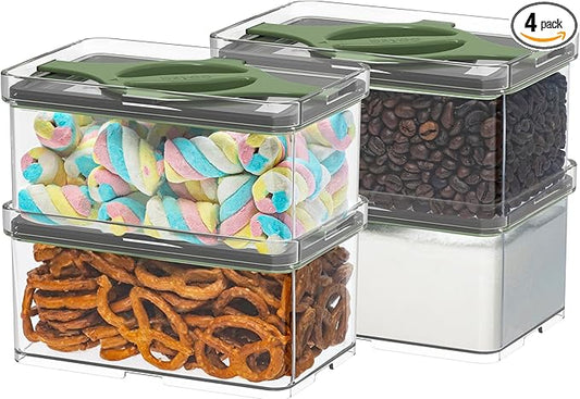 Prestoor 4-Pack Small Pantry Containers, 0.8 QT/0.76 L Clear SAN Food Storage Canisters with Twist-Lock Lids, Stackable for Sugar, Tea Bags, Seasoning, Nuts, Snacks (Green)