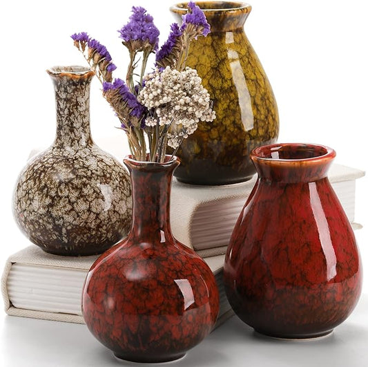 Okllen Set of 4 Ceramic Flower Vases Farmhouse Decor, Boho Decor, Red and Yellow Reactive Glazed Color Small Flower Vases, Centerpiece Table Decorations, Decorative Ceramic Vase for Home, Living Room