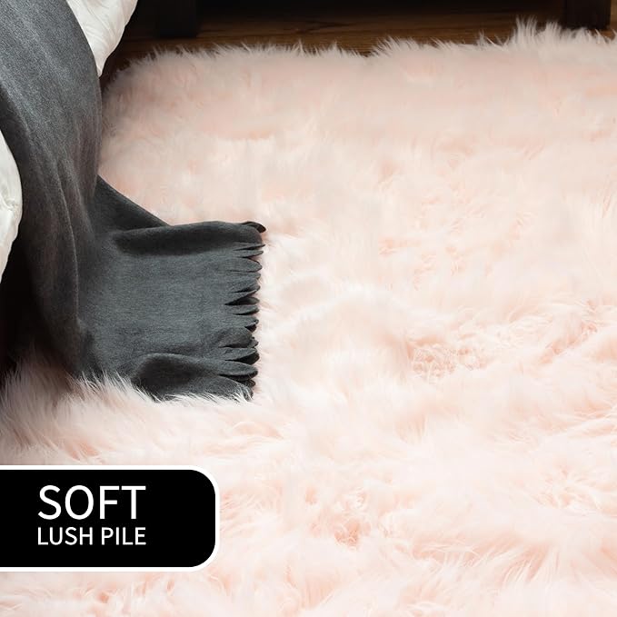 Super Area Rugs Ultra Soft & Fluffy Faux Sheepskin Rug, Light Pink 2 x 6 Feet Sheepskin Carpet for Bedroom Living Room