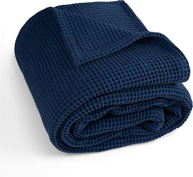 Best Organic Cotton Waffle Blankets King Size (104" x 90") - All-Natural, Toxic-Free, Lightweight, Breathable,Soft, Luxurious, for All Seasons(Blue)