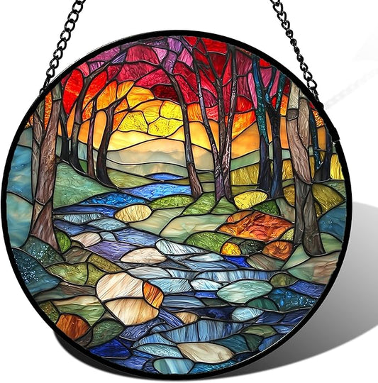 Stained Glass Window Hanging, Red Tree Abstract Sunset Lake Sun Catcher for Window Home Decor Landscape Suncatcher Mother's Day Birthday Gifts for Women Men Mom and Nana 7.8 in