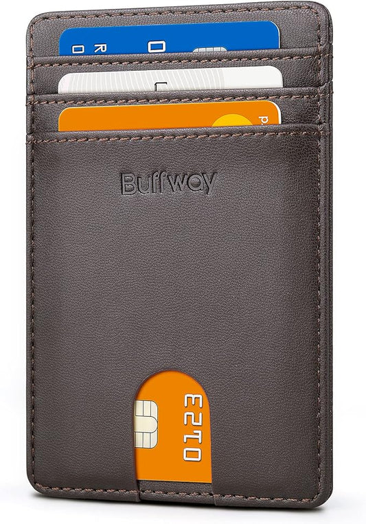 Buffway Mens Slim Wallet, Minimalist Thin Front Pocket Leather Credit Card Holder with RFID Blocking for Work Travel | Minimalist, Thin, Front Pocket, Credit Card Holder, RFID Blocking, for Work Travel