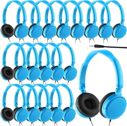Yunsailing 18 Pack Classroom Headphones Bulk Student Wired Class Headphones Set for School with Individually Wrapped Adjustable Over Ear Head Earbuds (Blue)