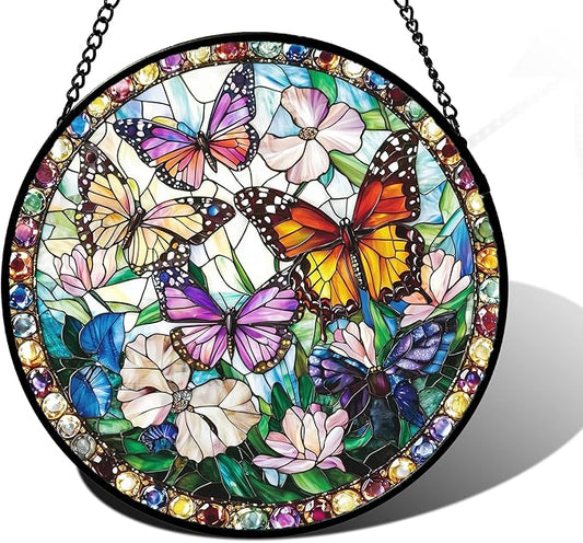 DASTOLL Stained Glass Window Hanging, Colorful Butterfly Suncatcher for Doors Home Sun Catchers Decoration and Christmas, Mother's Day Birthday Gifts for Women, Men, and Mom 7.8 in