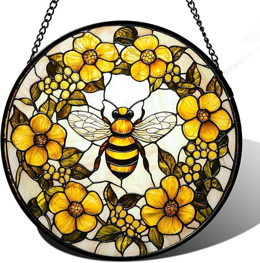 Stained Glass Window Hanging - Yellow Flowers Surrounded by Bees Sun Catcher for Door Garden Home Decor Cute Suncatcher Christmas Mother's Day Birthday Gifts for Women Men Mom Nana 6.3 in