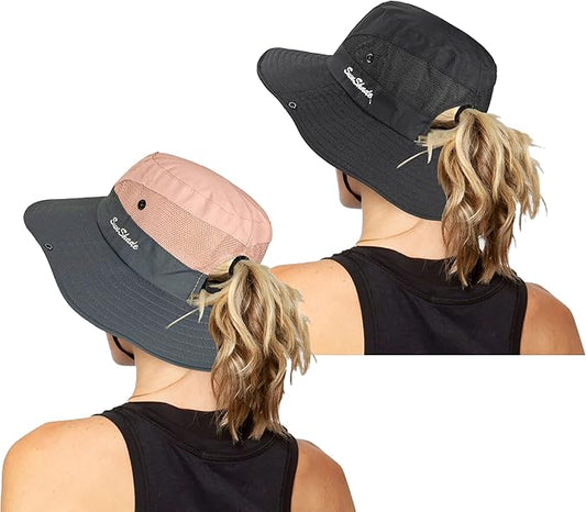 Women's Outdoor UV-Protection-Foldable Sun-Hats Mesh Wide-Brim Beach Fishing Hat with Ponytail-Hole