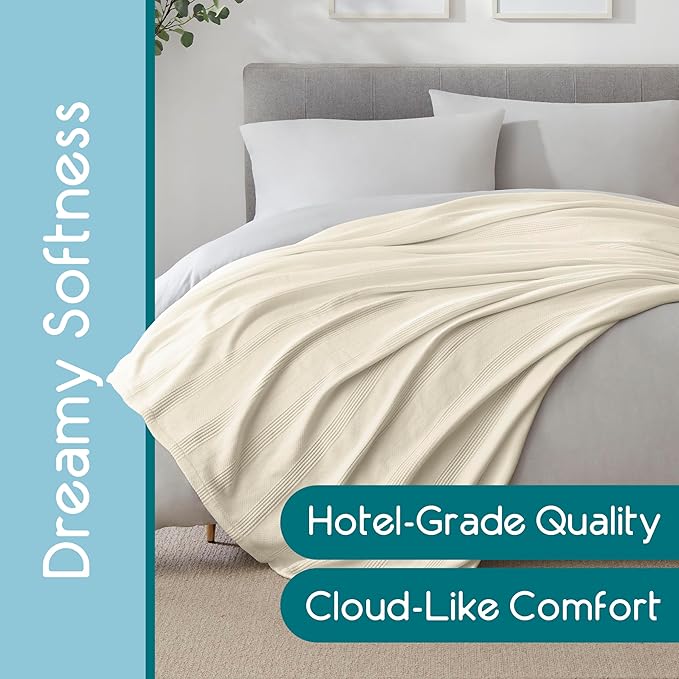 King Size 100% Cotton Blanket | Super Soft Breathable Lightweight Throw Blanket | All-Season Knit Blanket | Versatile Hotel Luxury | Easy Care | Oeko-Tex Certified | Ivory
