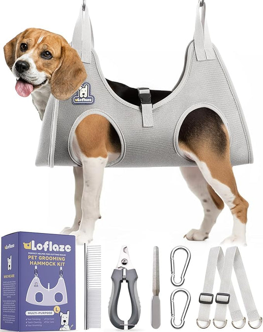 Loflaze Dog Grooming Hammock Harness for Dogs & Cats with Pet Nail Clipper Trimmer - Cat Hanger Sling for Trimming Clipping Nails- Dog Hammock Restraint Bag for Small Medium Large pet （ Grey L ）