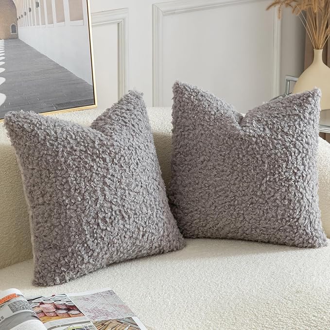 Yaertun Pack of 2 Faux Fur Throw Pillow Covers Decorative Sherpa Boucle Pillow Covers Fuzzy Soft Pillowcases Sheepskin Fleece Cushion Case for Couch Sofa Bed Living Room 20x20 Inch Light Grey