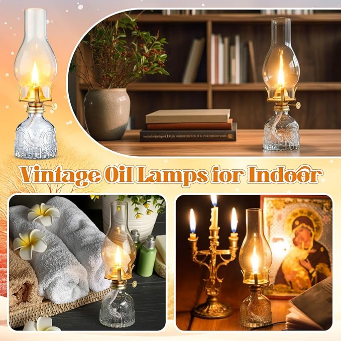 3 Pcs Clear Chamber Oil Lamps for Indoor Use 10.6'' Vintage Kerosene Lamp Hurricane Oil Lantern Adjustable Fire Wick Decorative Lantern for Valentines Wedding Table Decor Emergency Lighting