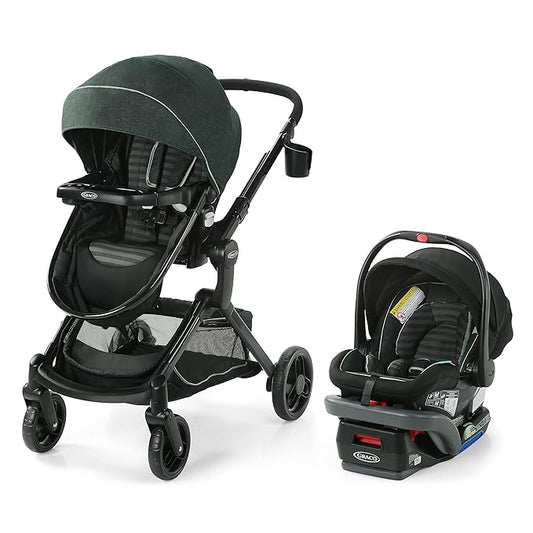 Graco Modes Nest DLX Travel System, 3-in1 Modular Baby Carseat Stroller Combo, Adjustable Slide2Me Infant Car Seat Carrier, Pramette, to Toddler Stroller, Includes SnugRide DLX Infant Car Seat, Raven