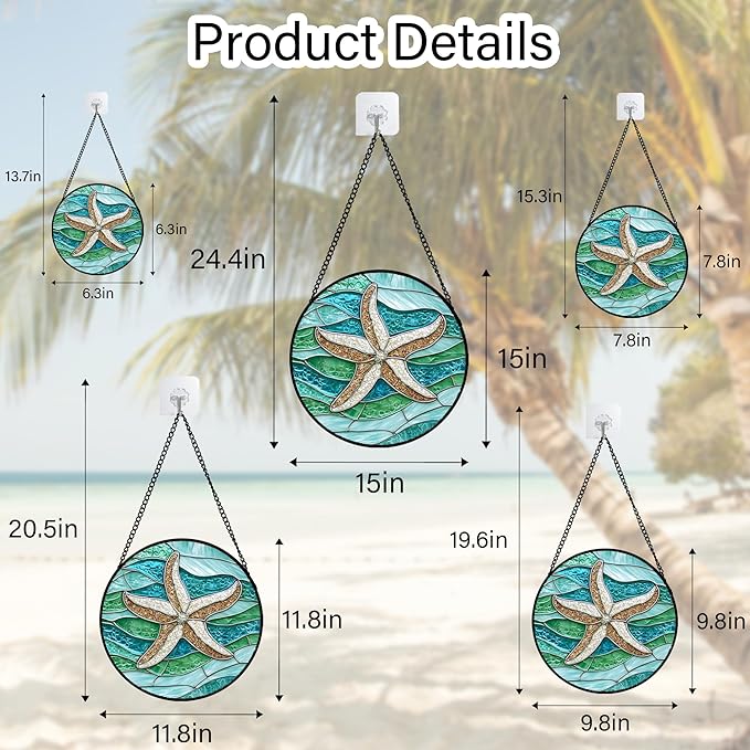 Stained Glass Window Hanging Teal Sea Waves Starfish 9.8" - Suncatcher Door Garden Sun Catcher Home Decor Birthday Mother's Day for Mom Men Woman Parents Her Child Nana