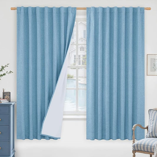 LAMIT 100% Blackout Linen Curtains 63 Inches Long, Linen Textured Living Room Farmhouse Curtains Full Room Darkening Back Tab and Rod Pocket Panels with White Liner, 2 Panels, Blue, 60 x 63 Inch