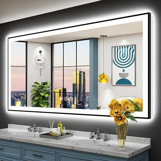72x36 Black Framed LED Bathroom Mirror with Lights, Backlit and Front Lit, Anti-Fog Lighted Vanity Mirrors for Bathroom Wall, Dimmable, 3-Color Light, Memory, Shatter-Proof, HD Tempered Glass