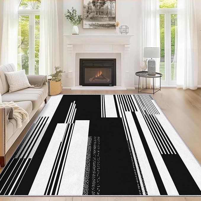 Black and White Stripe Rugs for Home Decor, 3x5 ft, Modern Stripes Area Rugs for Living Room, Soft Non Slip Washable Abstract Striped Carpet Bedroom Decorations Dt-Ghf-31