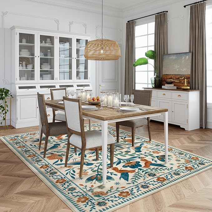 Moynesa Washable 8x10 Area Rugs for Living Room Bedroom Dining Room, Modern Bohemian Farmhouse Floral Bird Print Pattern Medallion Carpet, Retro Home Decor Open Floor Areas Non-Slip Protection