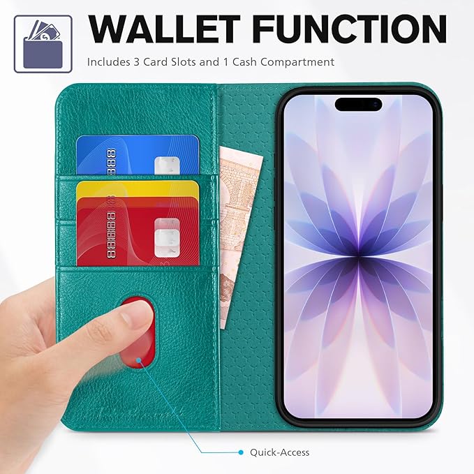 TUCCH Case Wallet for iPhone 17 (6.3-Inch) 2025, 3 Card Slots | Kickstand | RFID Blocking | PU Leather | Protective Flip Folio Cover | TPU Shockproof Interior Shell | Cyan