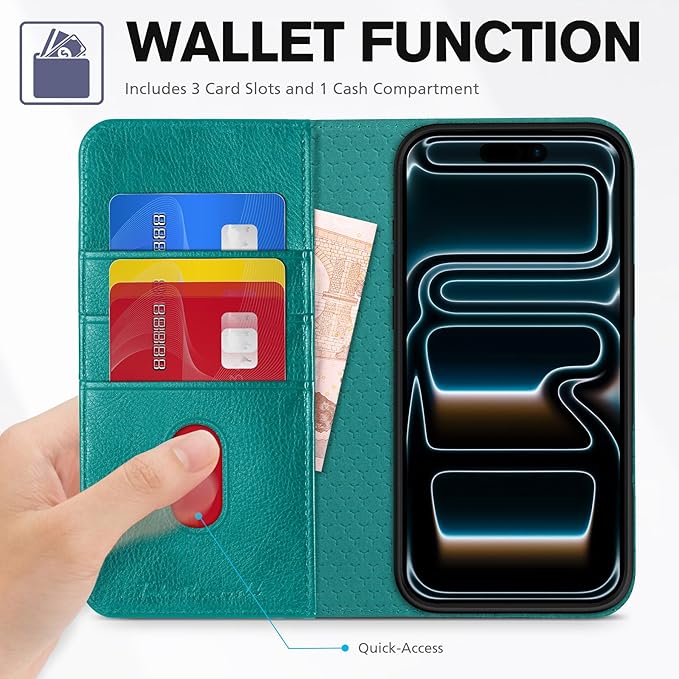 TUCCH Case Wallet for iPhone 17 Pro (6.3-Inch) 2025, 3 Card Slots | Kickstand | RFID Blocking | PU Leather | Protective Flip Folio Cover | TPU Shockproof Interior Shell | Cyan
