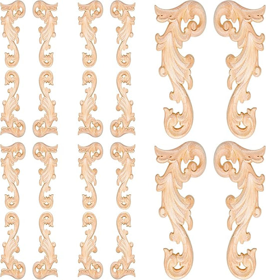 20 Pcs Wood Applique Corner Onlay Decorative Wood Applique DIY Wooden Carved Corner Unpainted Wooden Carved Decals Carving Decal for Furniture Wall Cupboard Bed Cabinet(Stylish Style)