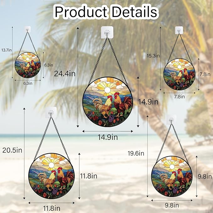 Stained Glass Window Hanging, Countryside Scenery Chicken Sun Catcher for Door Home Decor Sunrise Suncatcher Christmas Mother's Day Birthday Gifts for Women Men Mom Nana 15 in