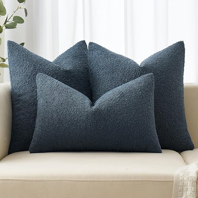 MIULEE 22x22 Inch Decorative Euro Sham Throw Pillows for Bed Set of 2 Textured Boucle Neutral Winter Throw Pillow Covers Dark Blue Accent Solid Euro Couch Pillowcases Sofa Livingroom Home Decor