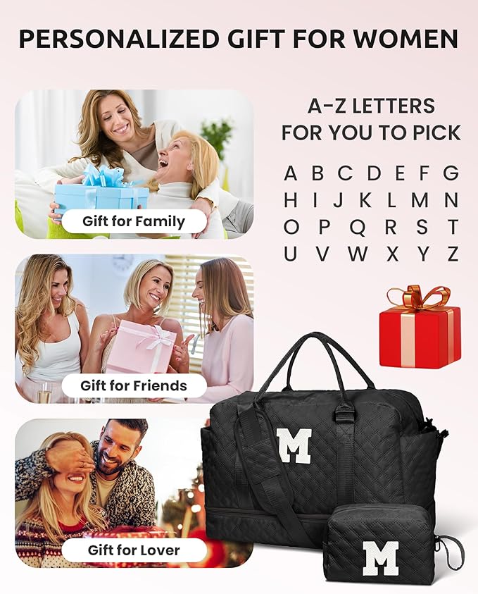 Vogewood Trendy Gifts for Women-Initial Duffle Bag with Shoe Compartment, Personalized Weekender Bags, Monogram Overnight Bag for Women, Letter Travel Bags with Makeup Pouch (Letter A)