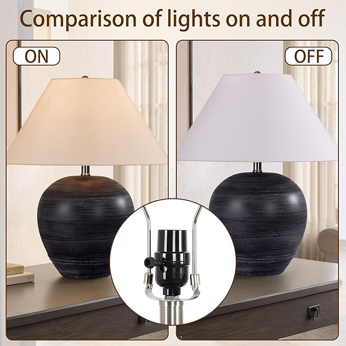 Pia Ricco 21'' Large Gray Base Ceramic Basin Table Lamp for Bedroom, Living Room, Dining Room, Office, White Shade,White Striped Black Base