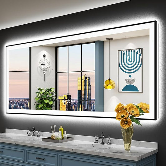 84x32 Inch Black Framed LED Bathroom Mirror with Lights, Backlit & Front Lit, Anti-Fog Lighted Vanity Mirrors for Bathroom Wall, Dimmable, 3-Color Light, Memory, Shatter-Proof, Tempered Glass