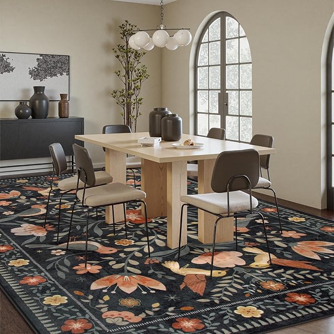 Moynesa Area Rugs 9x12 Black Folk Art Home Decor, Modern Transitional Aesthetic Floral Bird Medallion Carpet for for Living Room Bedroom Dining Room,Non-Slip Washable Floor Protection